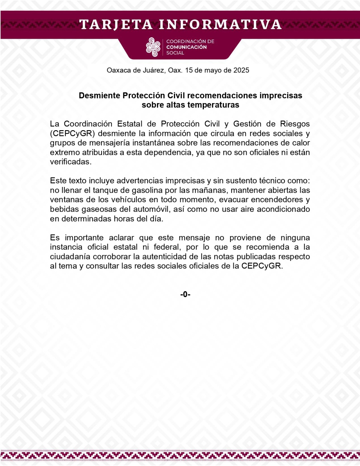 Desmiente Protección Civil recomendaciones imprecisas sobre altas temperaturas