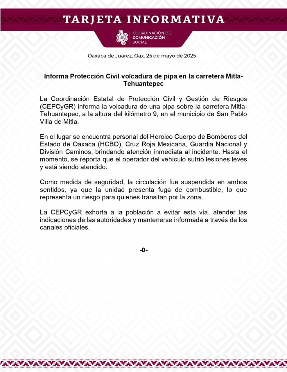 Informa Protección Civil volcadura de pipa en la carretera Mitla-Tehuantepec