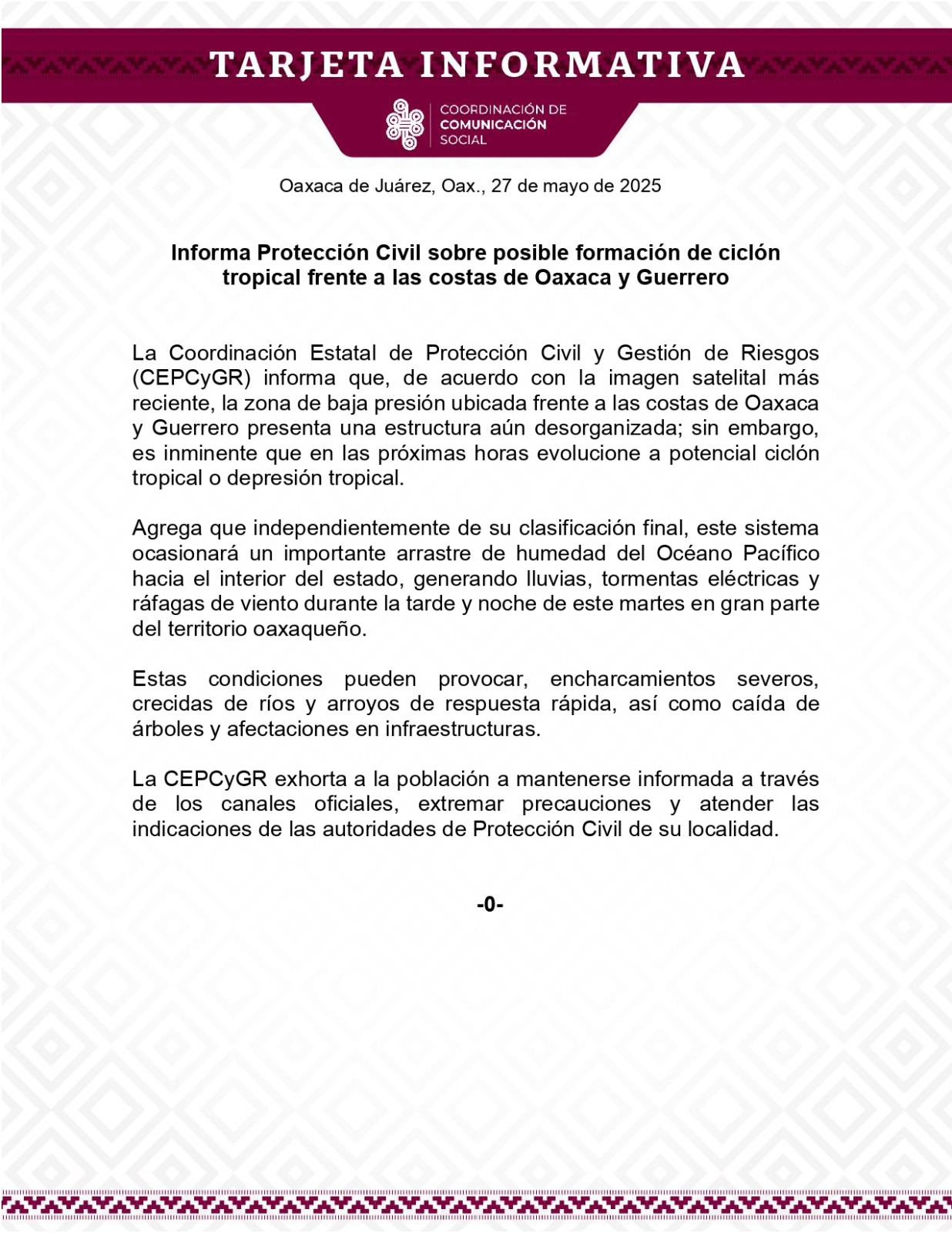 Informa Protección Civil sobre posible formación de ciclón tropical frente a las costas de Oaxaca y Guerrero