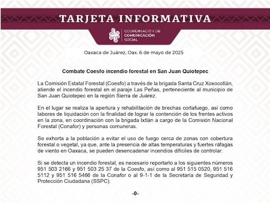 Combate Coesfo incendio forestal en San Juan Quiotepec