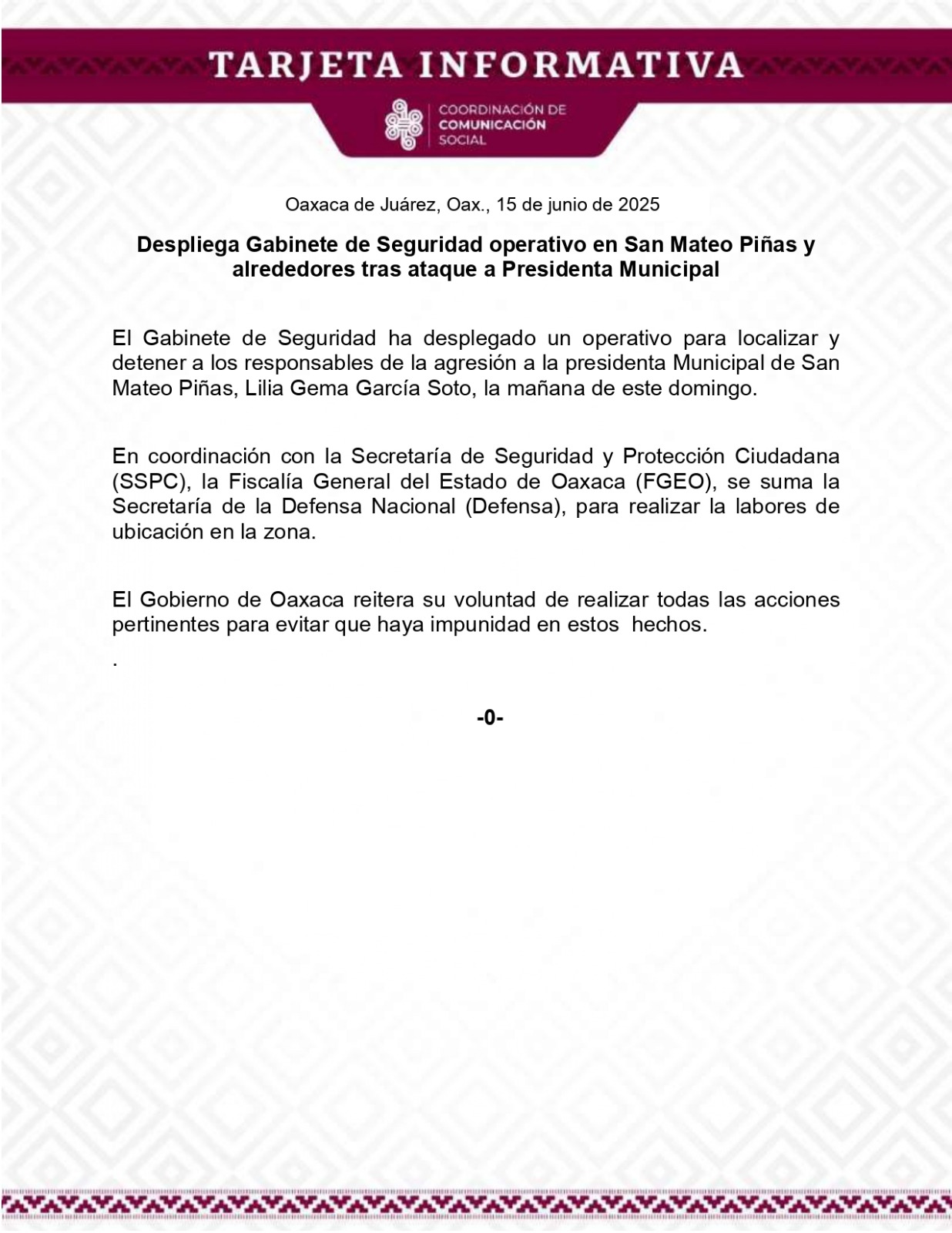 Despliega Gabinete de Seguridad operativo en San Mateo Piñas y alrededores tras ataque a Presidenta Municipal