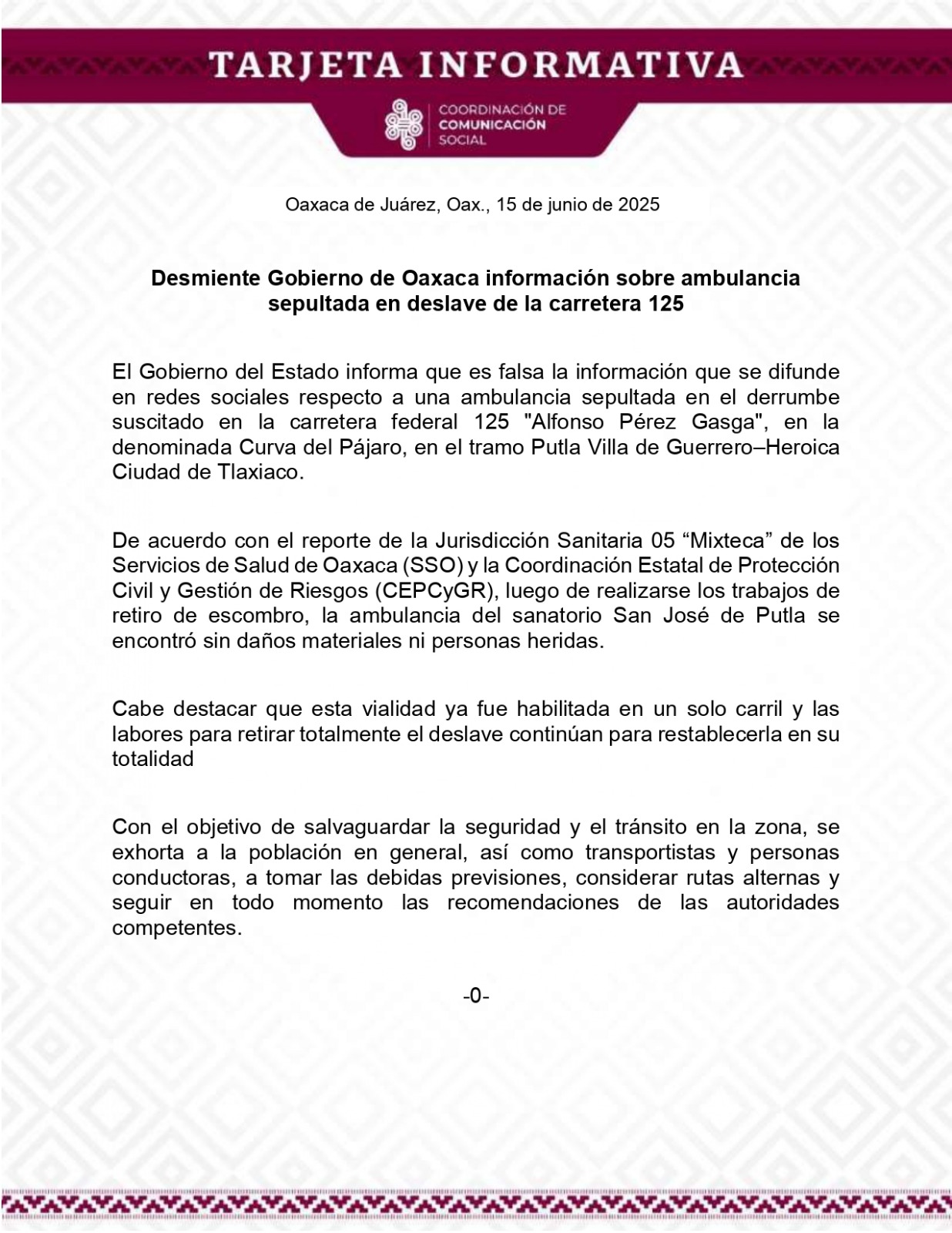 Desmiente Gobierno de Oaxaca información sobre ambulancia sepultada en deslave de la carretera 125