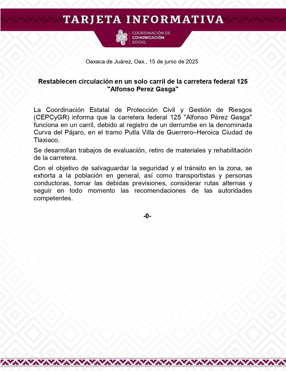 Restablecen circulación en un solo carril de la carretera federal 125 «Alfonso Perez Gasga»