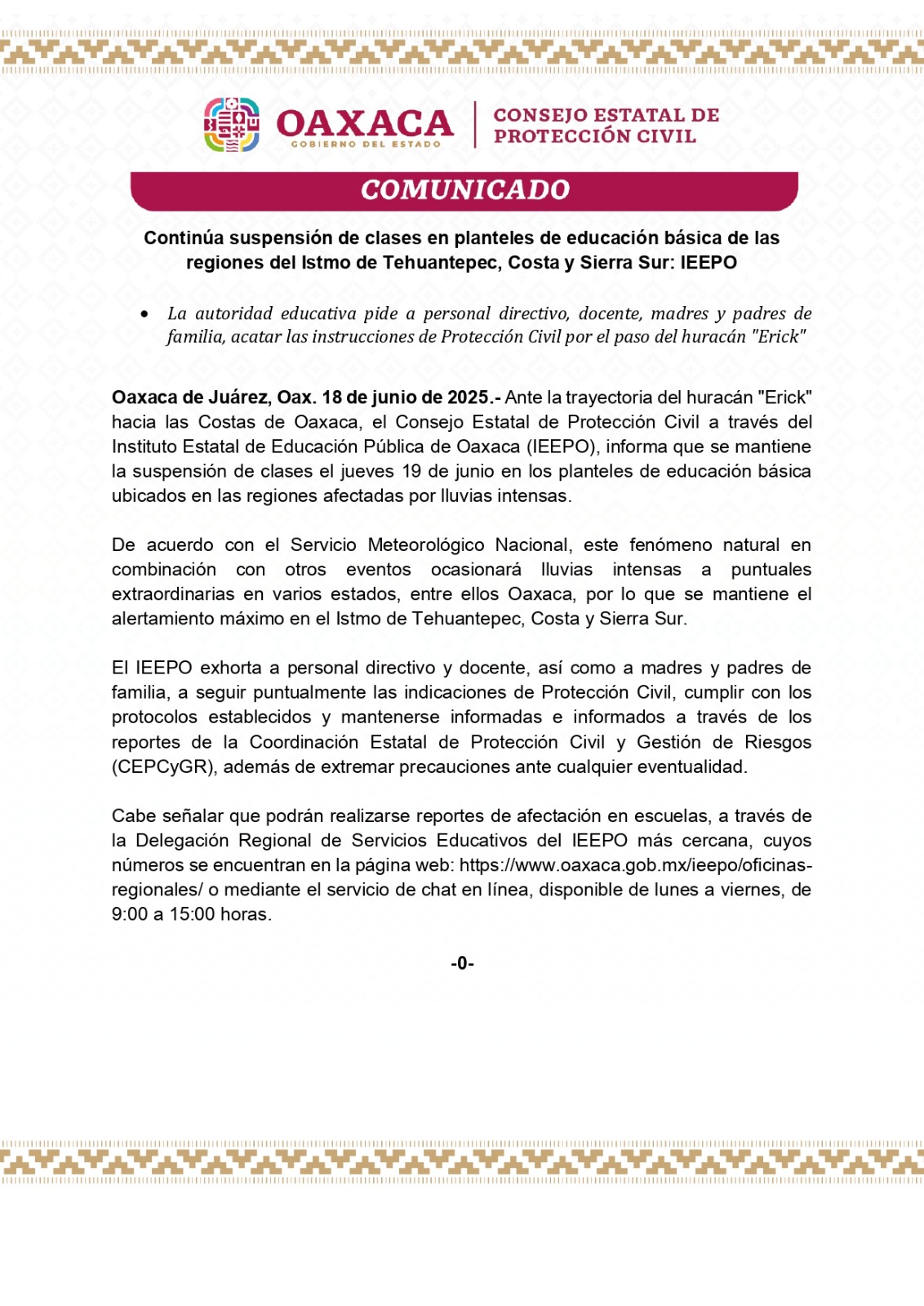 Continúa suspensión de clases en planteles de educación básica de las regiones del Istmo de Tehuantepec, Costa y Sierra Sur: IEEPO