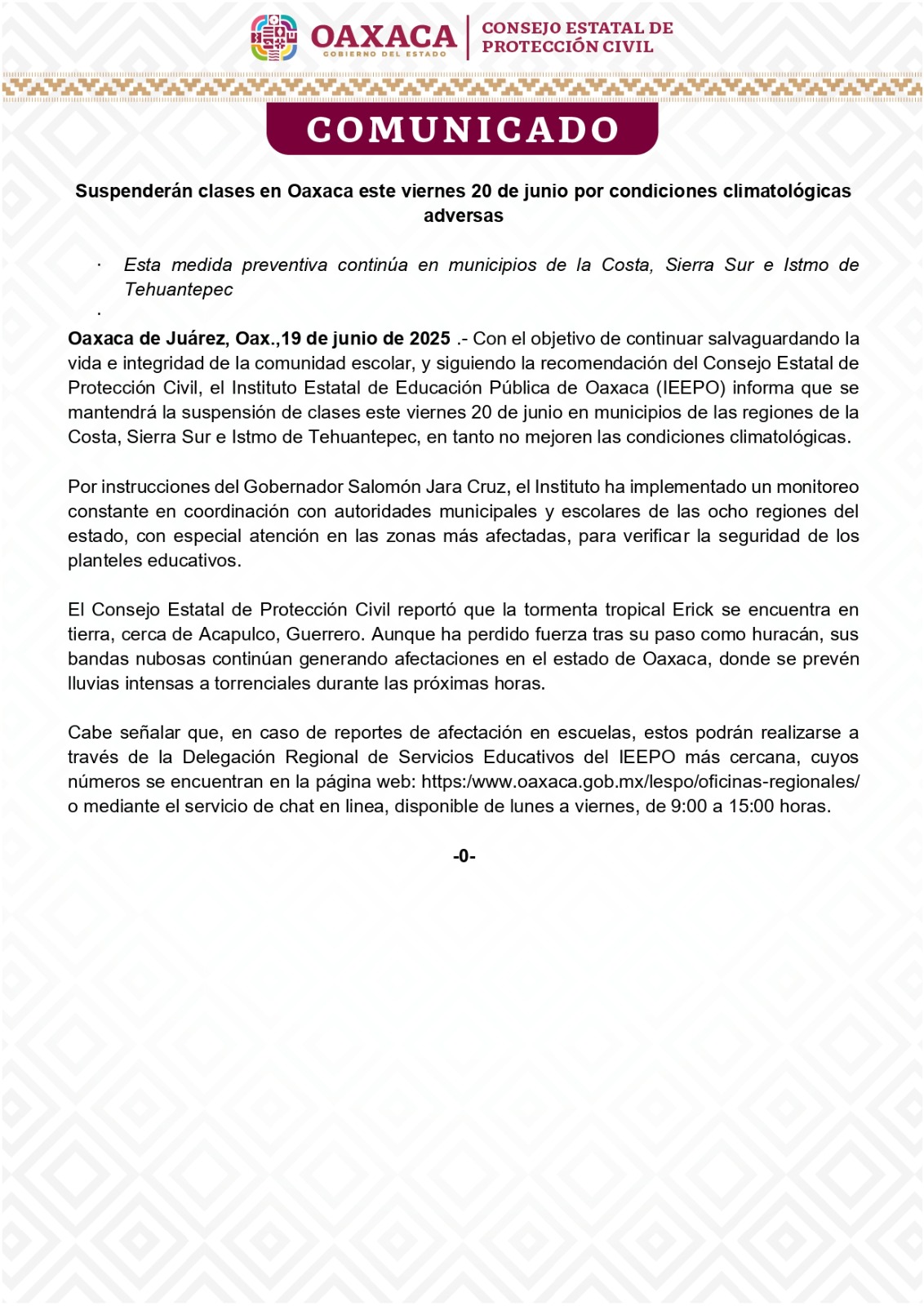 Suspenderán clases en Oaxaca este viernes 20 de junio por condiciones climatológicas adversas