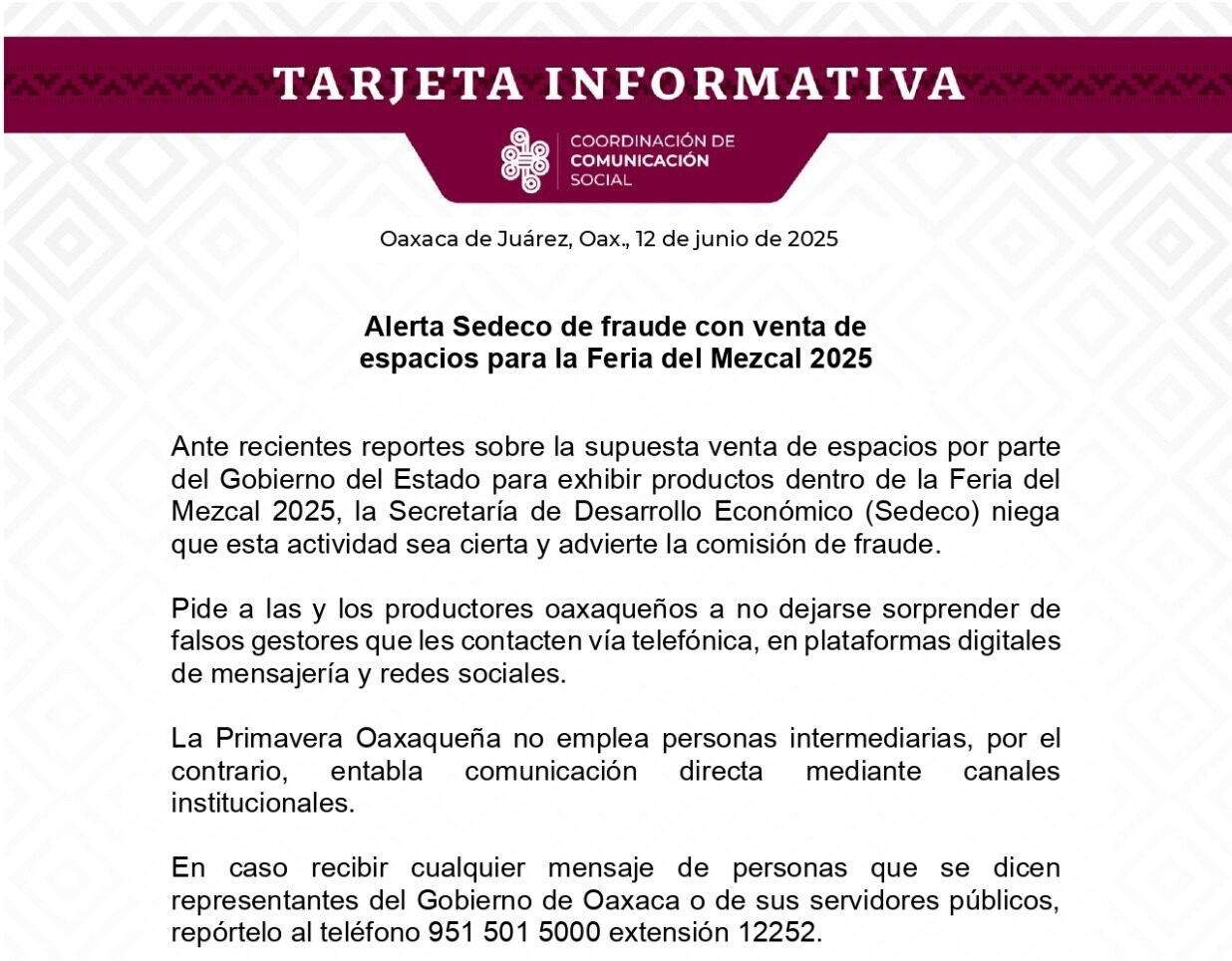 Alerta Sedeco de fraude con venta de espacios para la Feria del Mezcal 2025