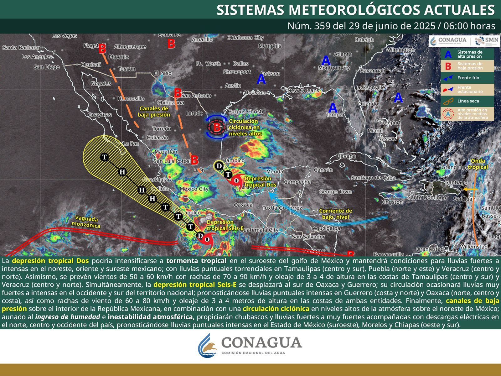 Continuarán lluvias intensas en la Cuenca del Papaloapan, Sierra Sur, Costa y norte del Istmo de Tehuantepec