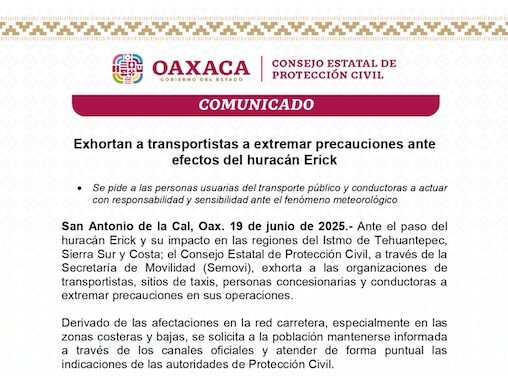 Exhortan a transportistas a extremar precauciones ante efectos del huracán Erick