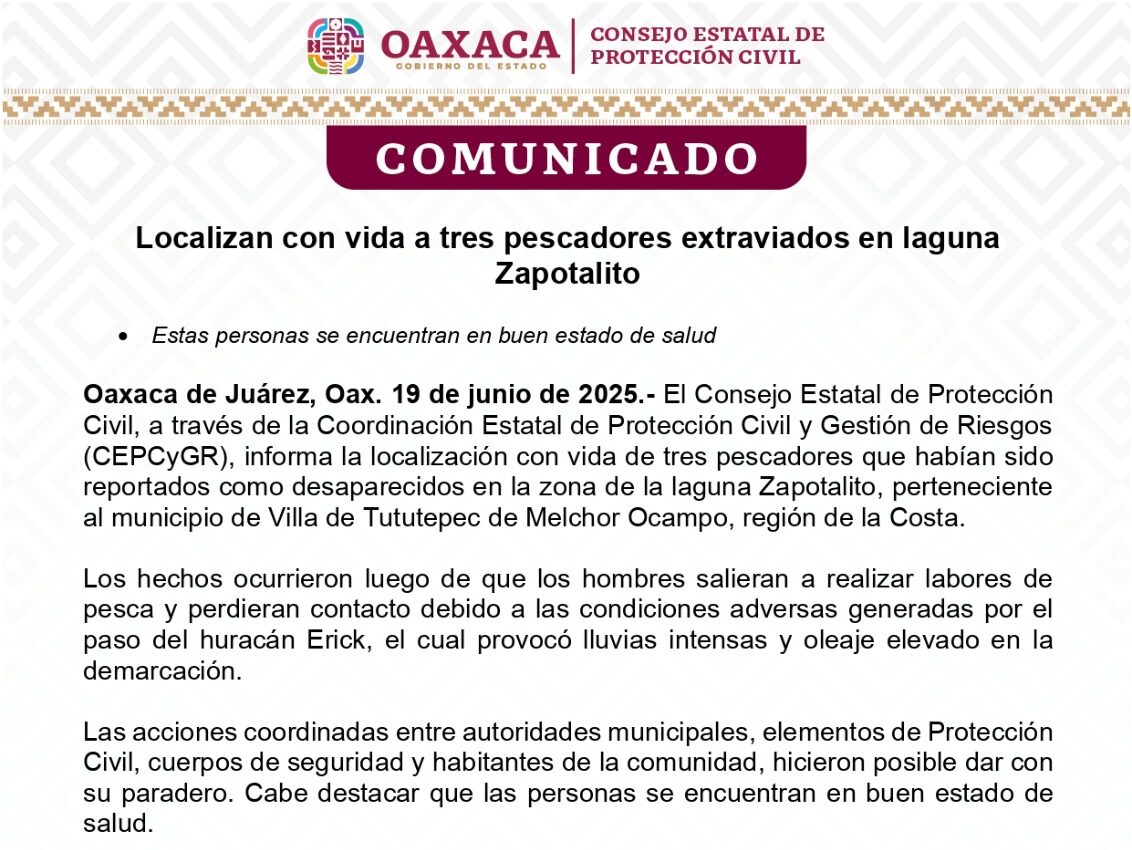 Localizan con vida a tres pescadores extraviados en laguna Zapotalito