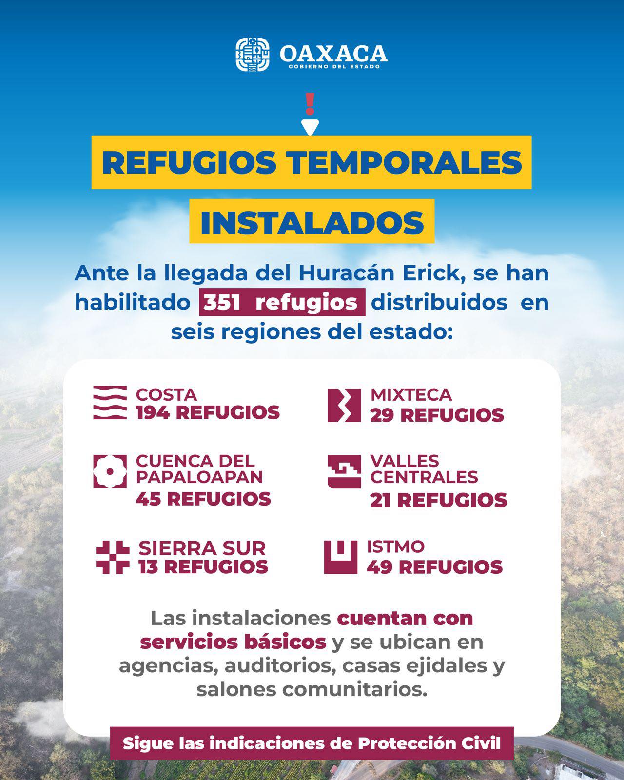 Habilita Gobierno de Oaxaca refugios temporales ante entrada del huracán Erick