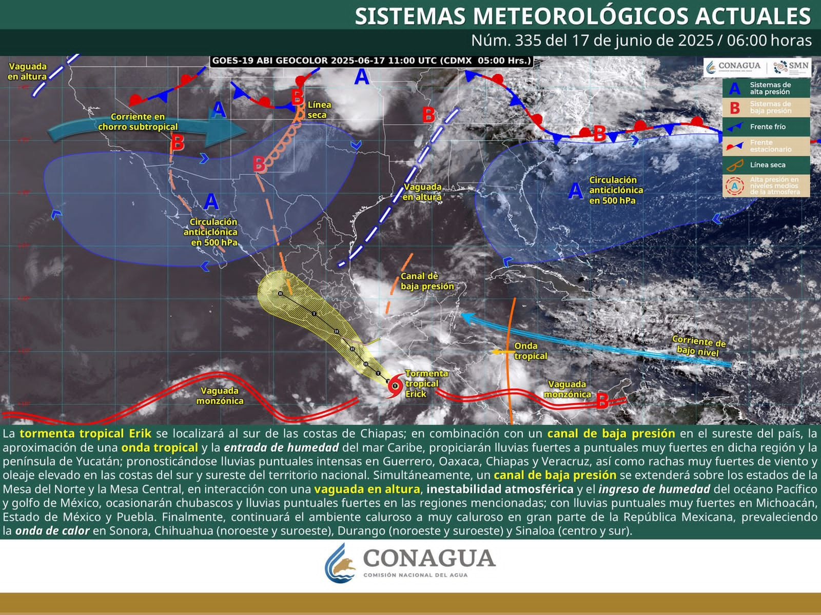Depresión tropical Cinco-E frente a costas de Oaxaca, se prevé su intensificación a tormenta tropical Erick