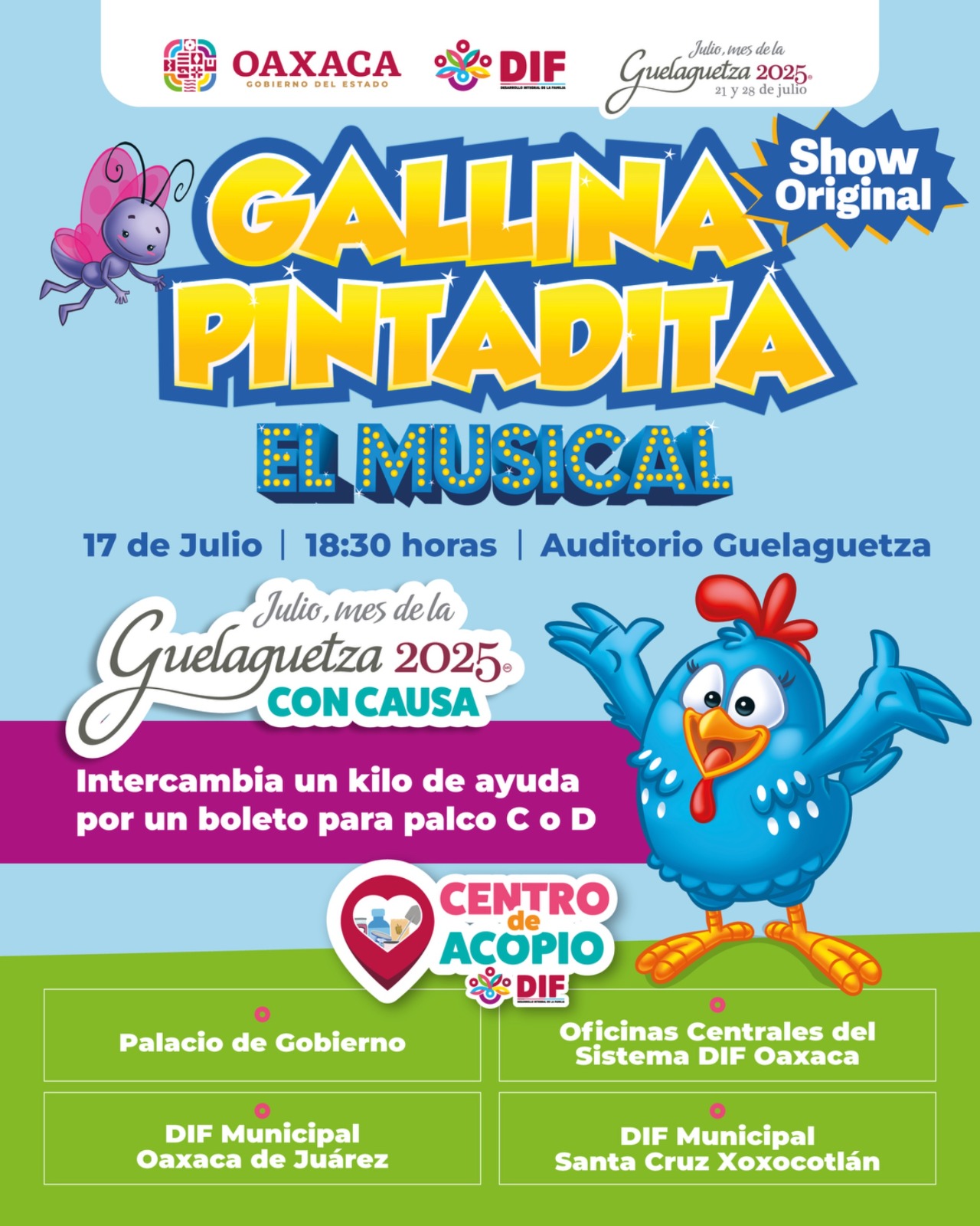 Invita DIF Oaxaca a cambiar productos de la canasta básica por boletos para el musical infantil “Gallina Pintadita”