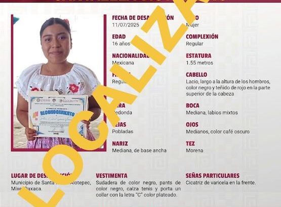 En menos de 24 horas, CLB Oaxaca localiza con vida a adolescente desaparecida en Santa María Alotepec