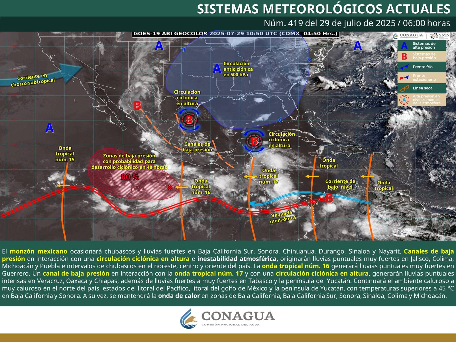 Ondas tropicales 16 y 17 dejarán lluvias y tormentas en gran parte del estado
