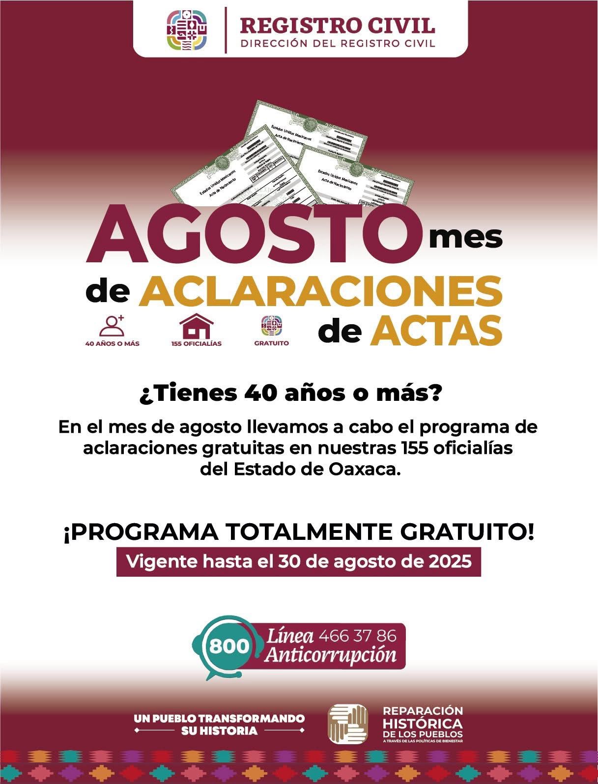 Agosto, mes de Aclaraciones de Actas gratuitas en Oaxaca