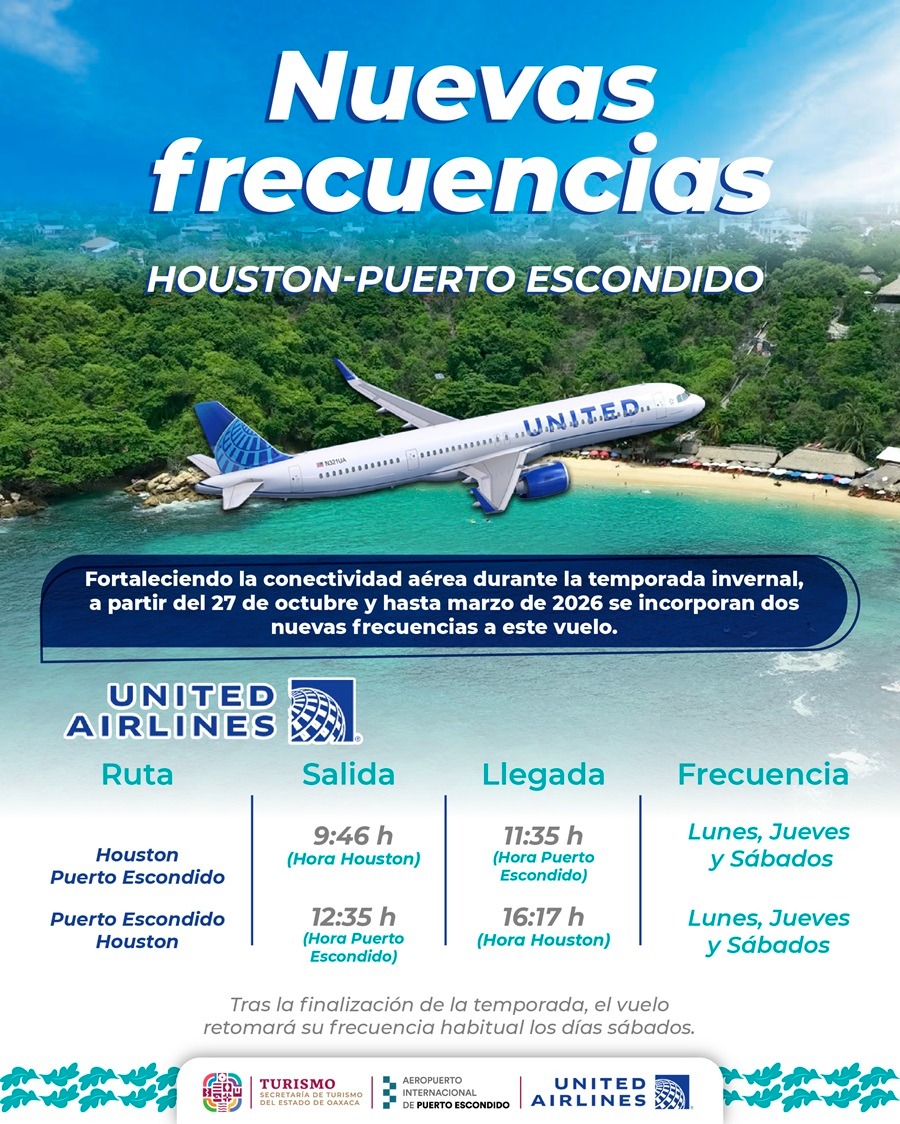 Aumentan las frecuencias del vuelo Houston-Puerto Escondido por temporada invernal: Sectur