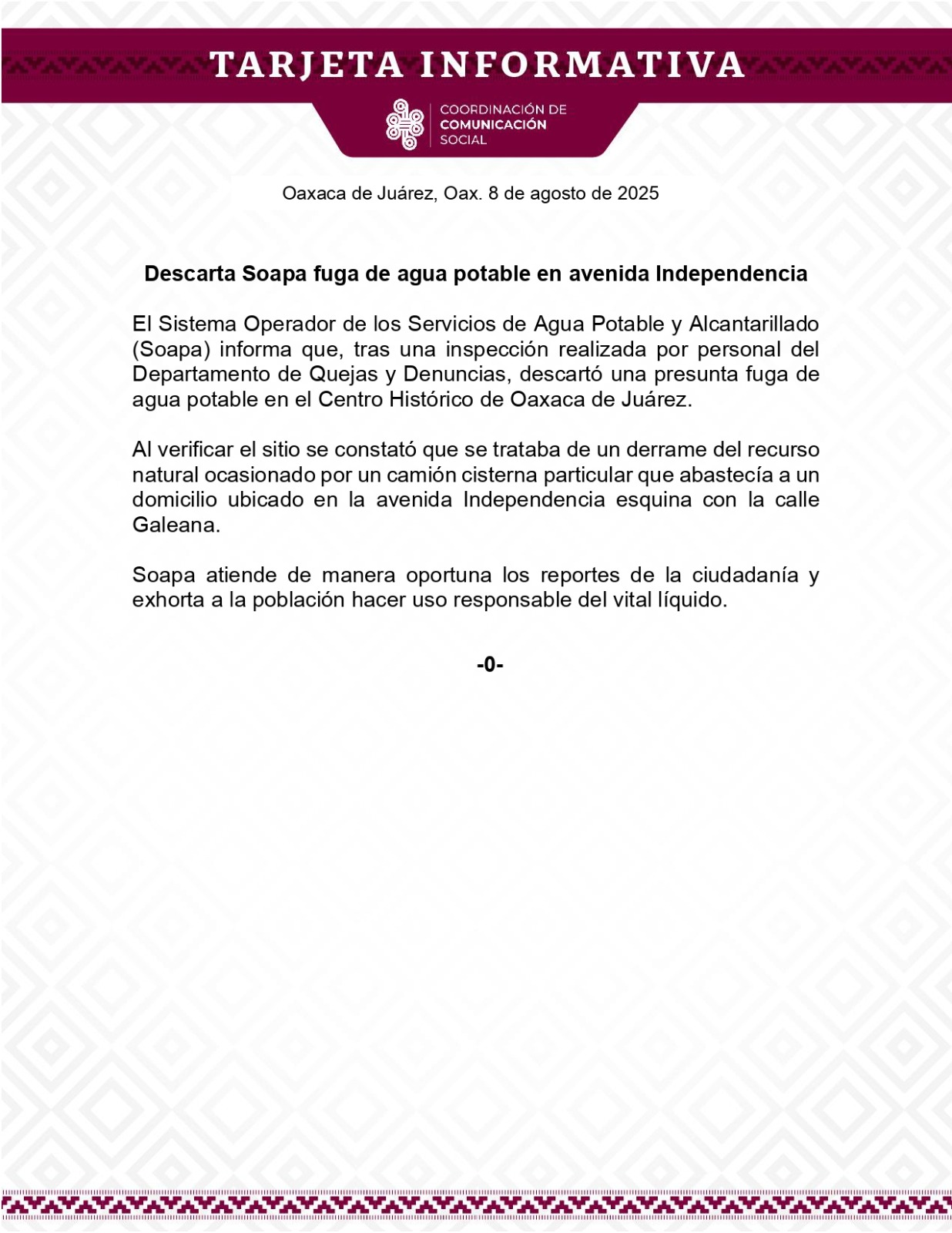 Descarta Soapa fuga de agua potable en avenida Independencia