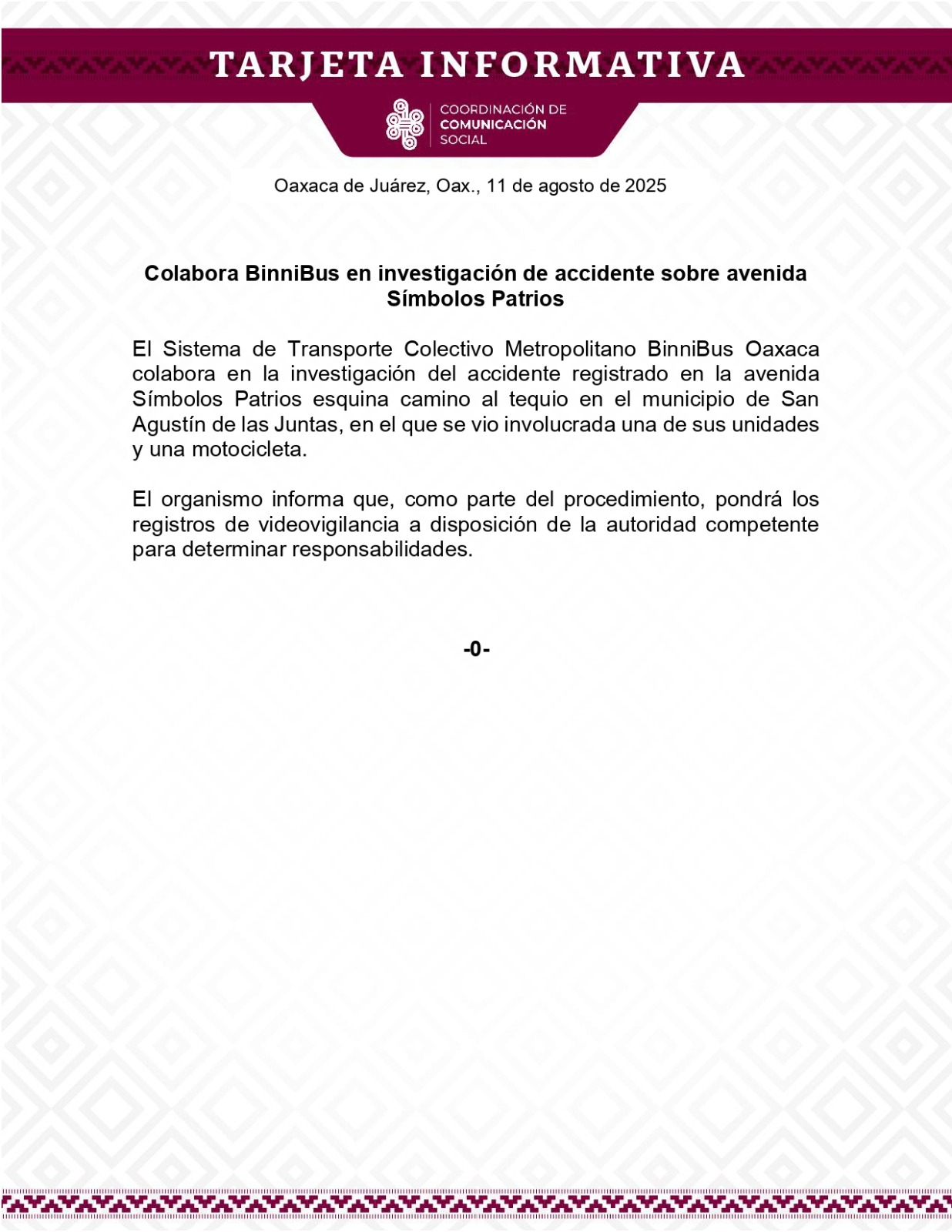 Colabora BinniBus en investigación de accidente sobre avenida Símbolos Patrios