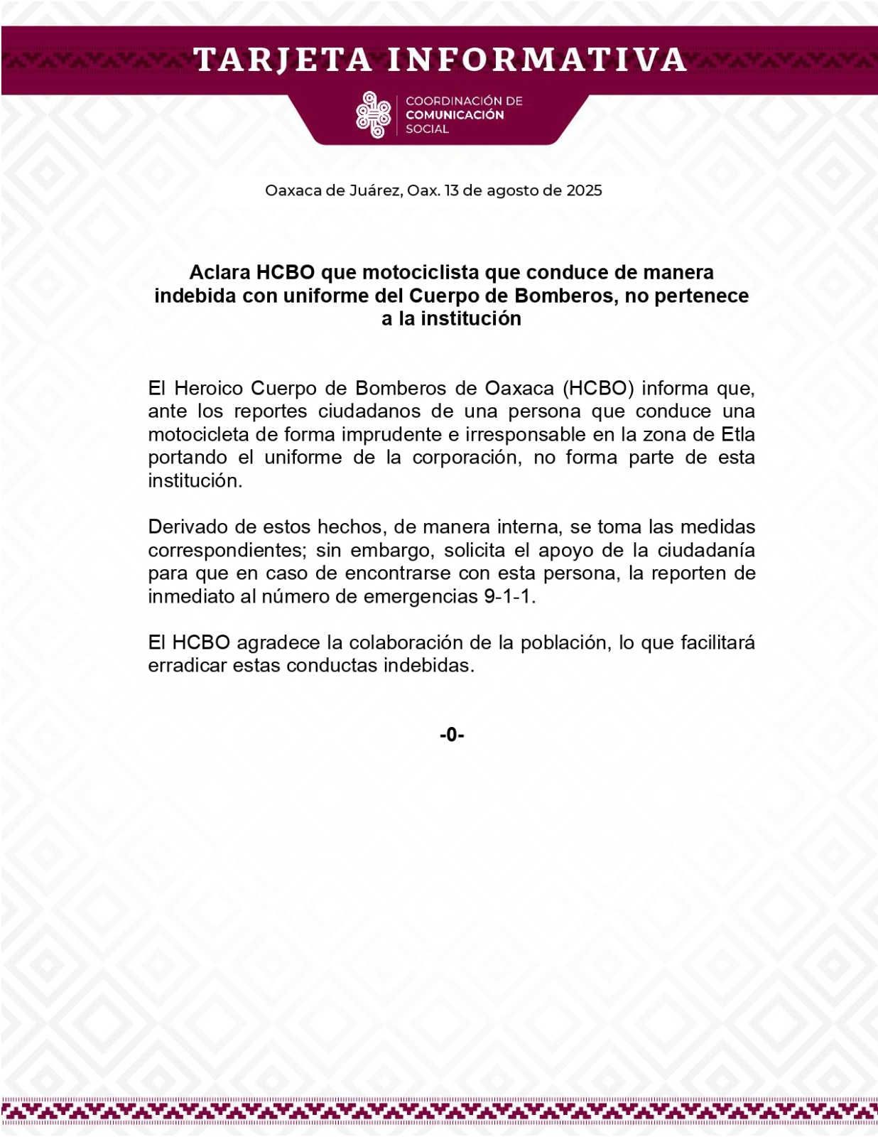 Aclara HCBO que motociclista que conduce de manera indebida con uniforme del Cuerpo de Bomberos, no pertenece a la institución