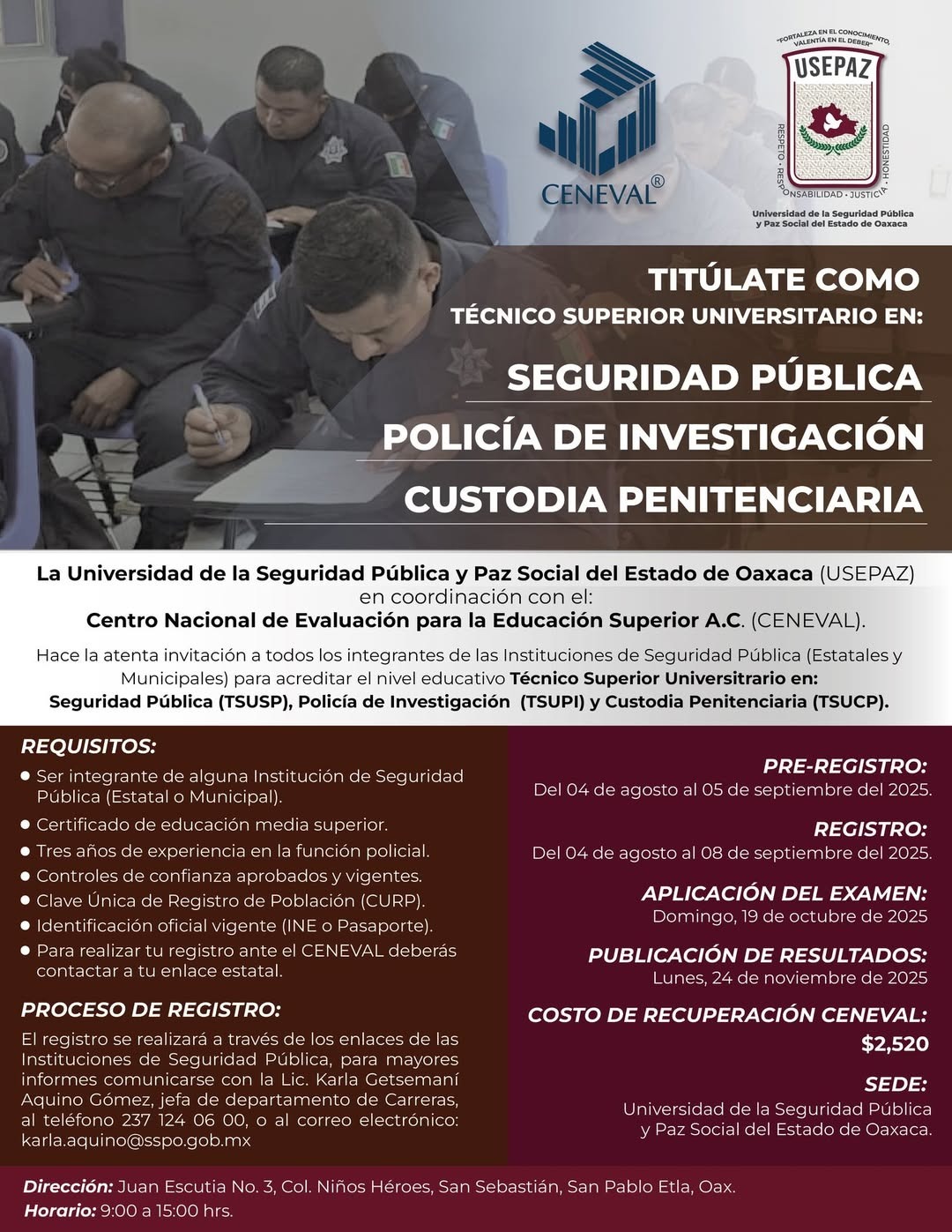 Convoca Usepaz a acreditar el nivel Técnico Superior Universitario en temas de seguridad