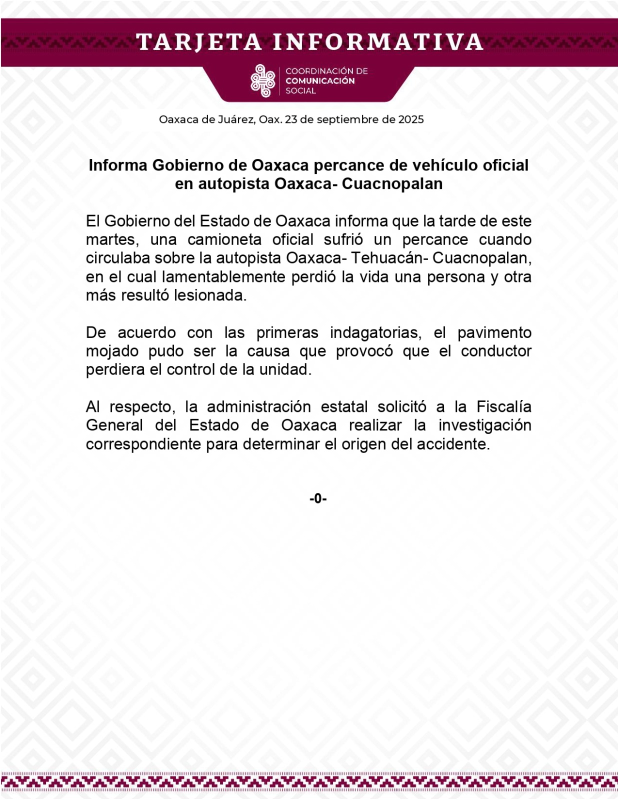 Informa Gobierno de Oaxaca percance de vehículo oficial en autopista Oaxaca- Cuacnopalan