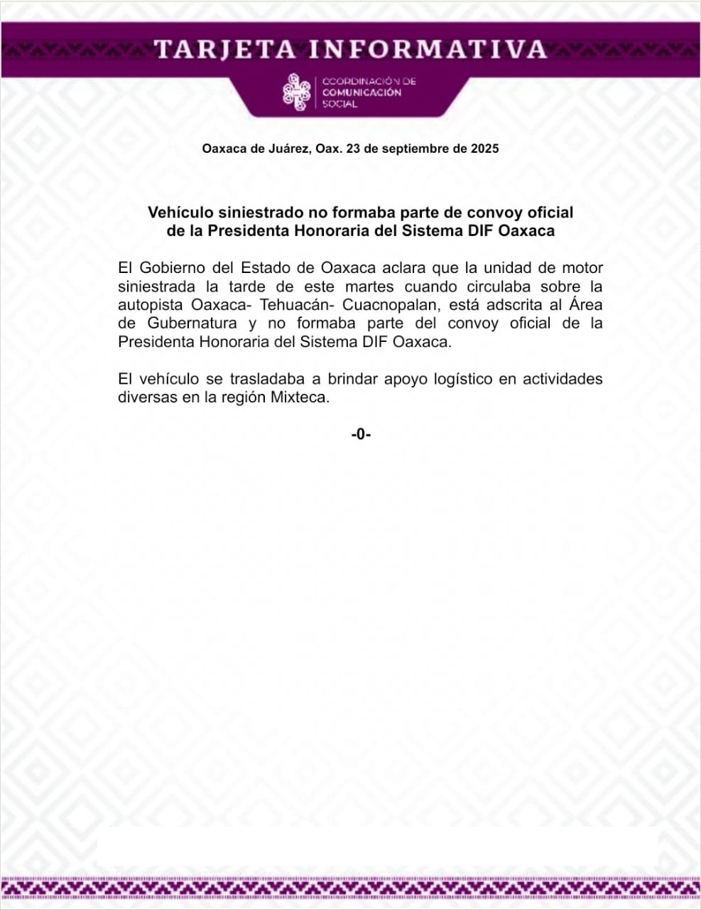 Vehículo siniestrado no formaba parte de convoy oficial de la Presidenta Honoraria del Sistema DIF Oaxaca