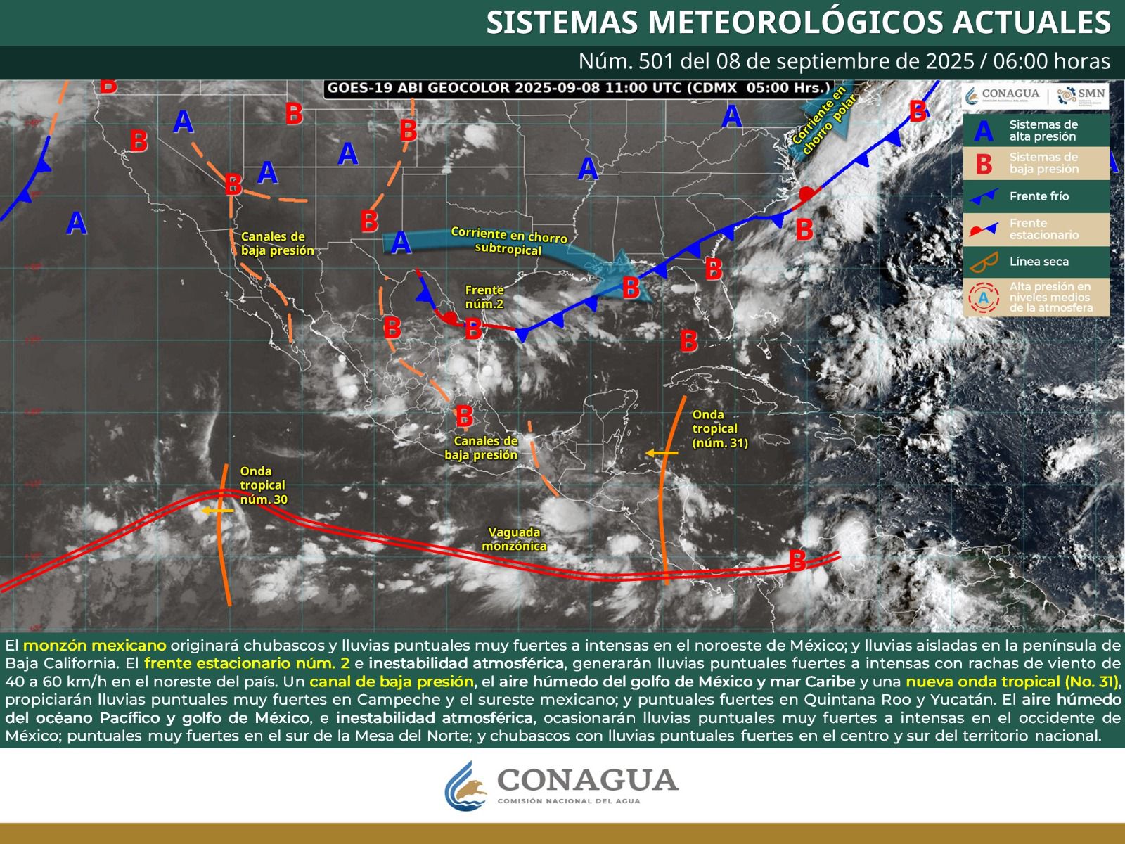 Este lunes se prevén lluvias y tormentas fuertes en Sierra Sur, Costa e Istmo