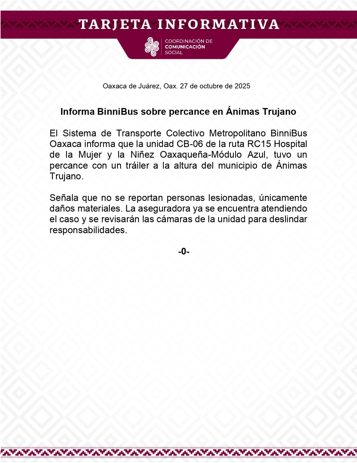 Informa BinniBus sobre percance en Ánimas Trujano