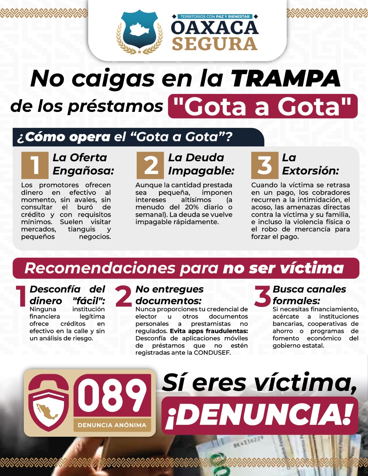 Alerta SSPC sobre esquema delictivo en red de préstamos “Gota a Gota»