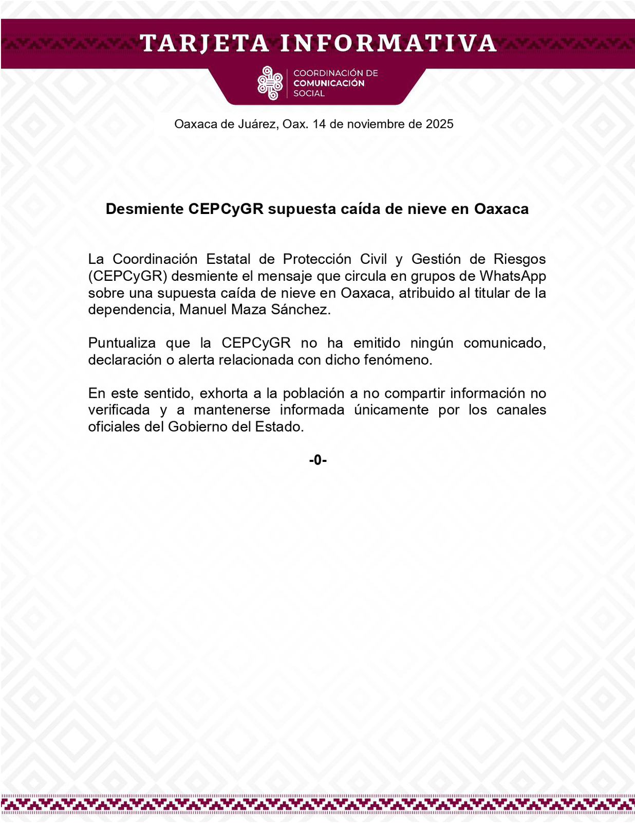 Desmiente CEPCyGR supuesta caída de nieve en Oaxaca