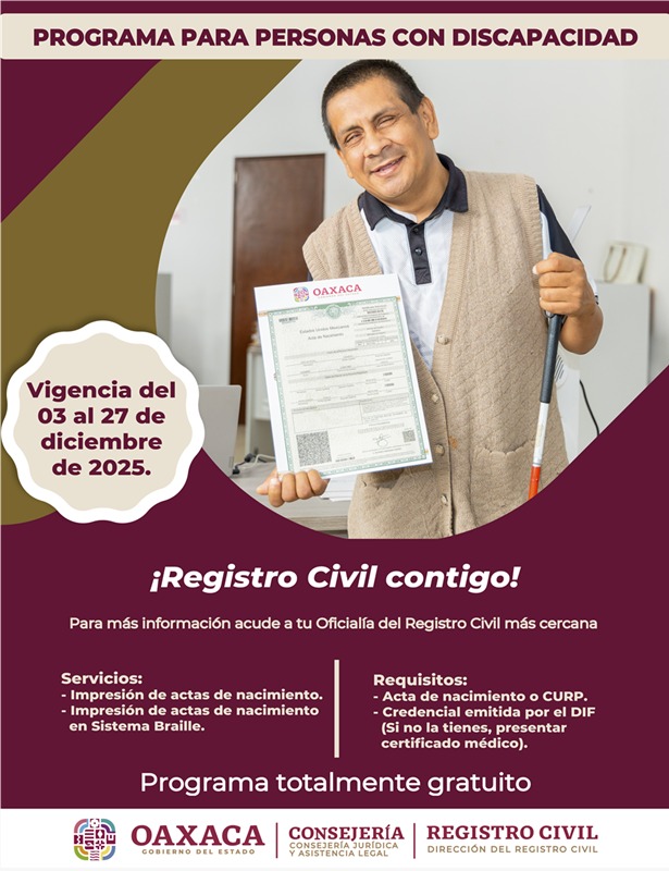 Brinda Registro Civil actas de nacimiento y en sistema Braille gratuitas a personas con discapacidad