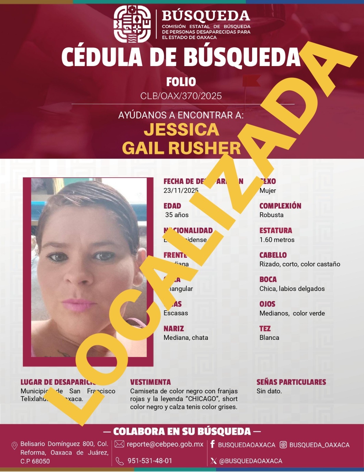 Localiza CLB Oaxaca en la Costa a mujer extranjera reportada como desaparecida