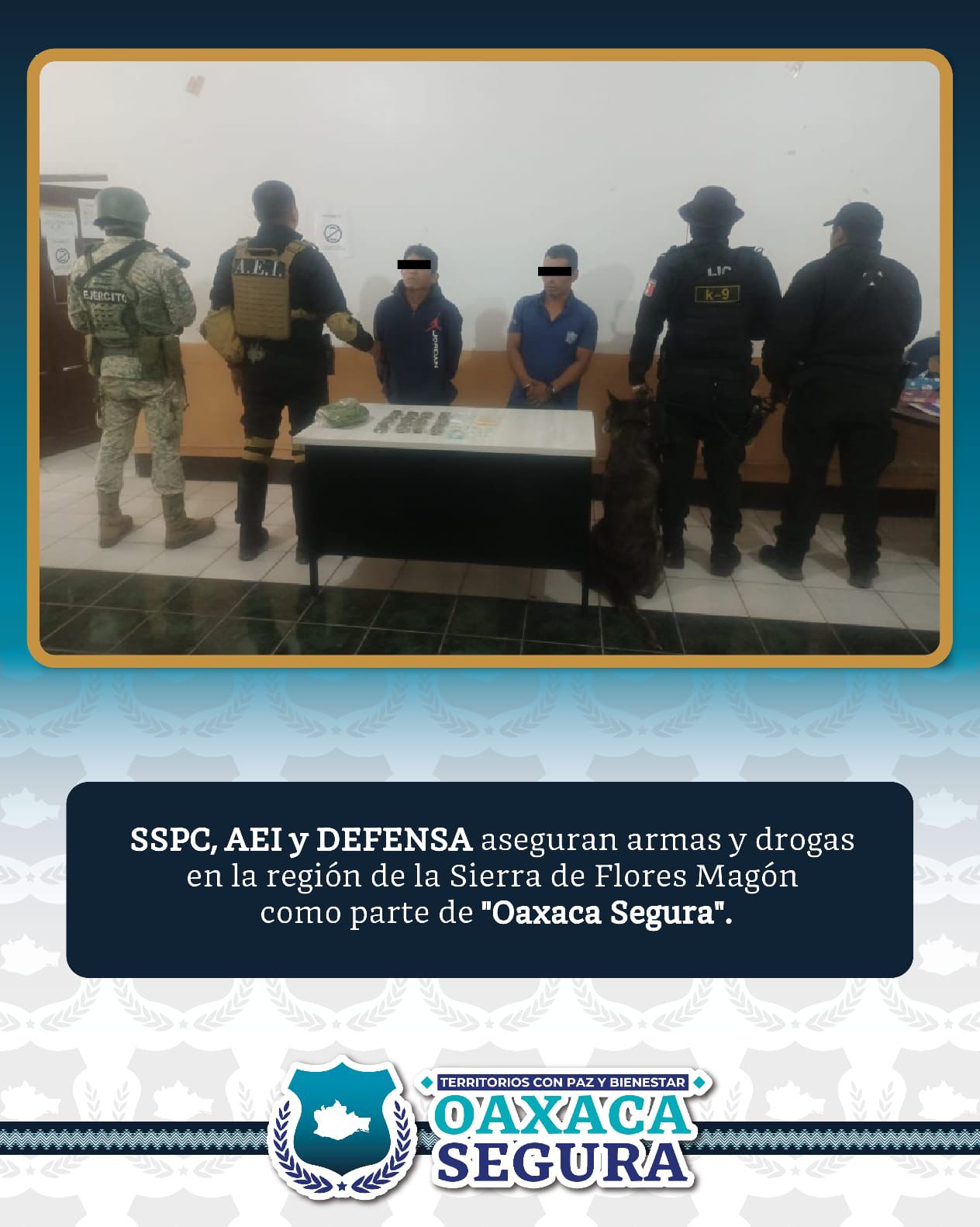 Aseguran SSPC, AEI y Defensa personas, armas y drogas en la Sierra de Flores Magón