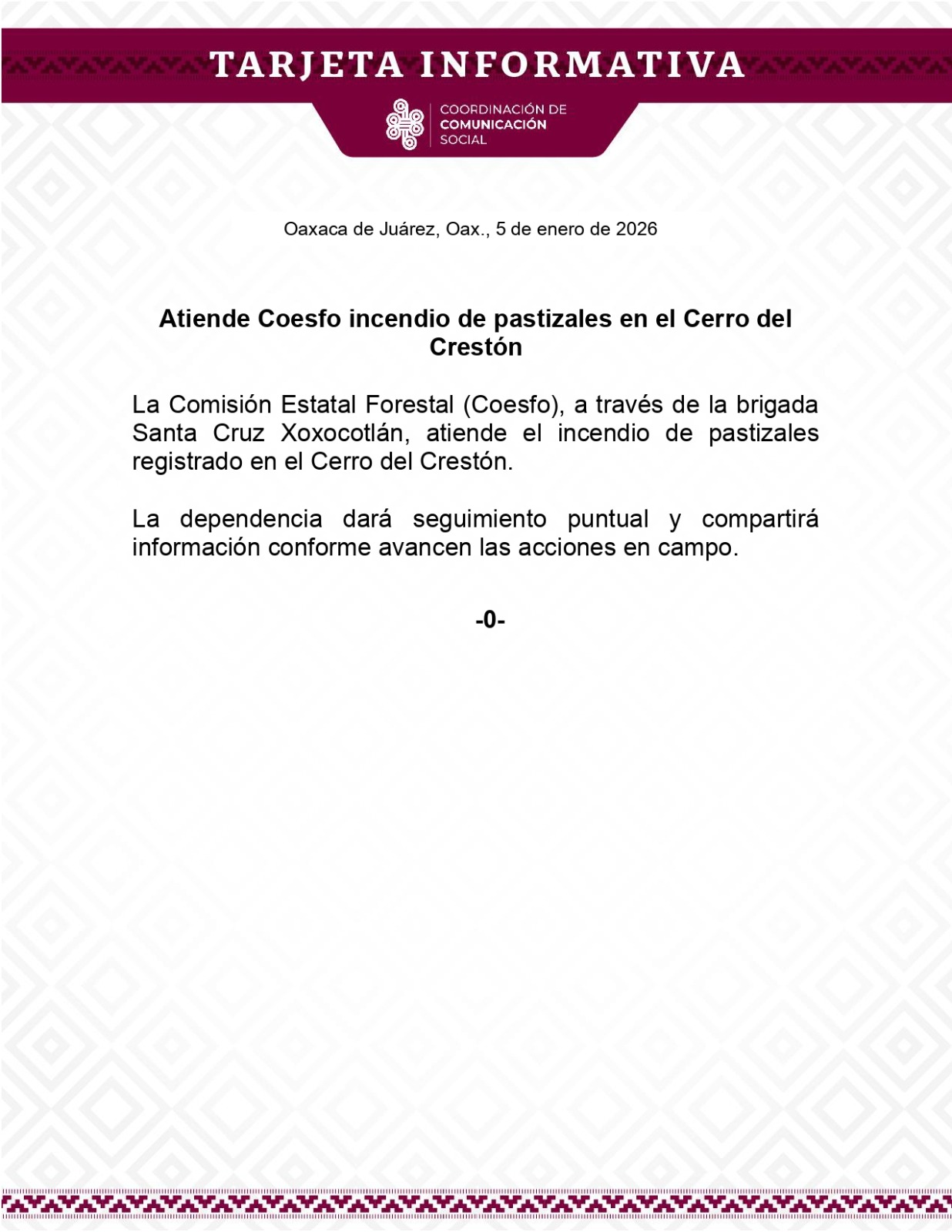 Atiende Coesfo incendio de pastizales en el Cerro del Crestón