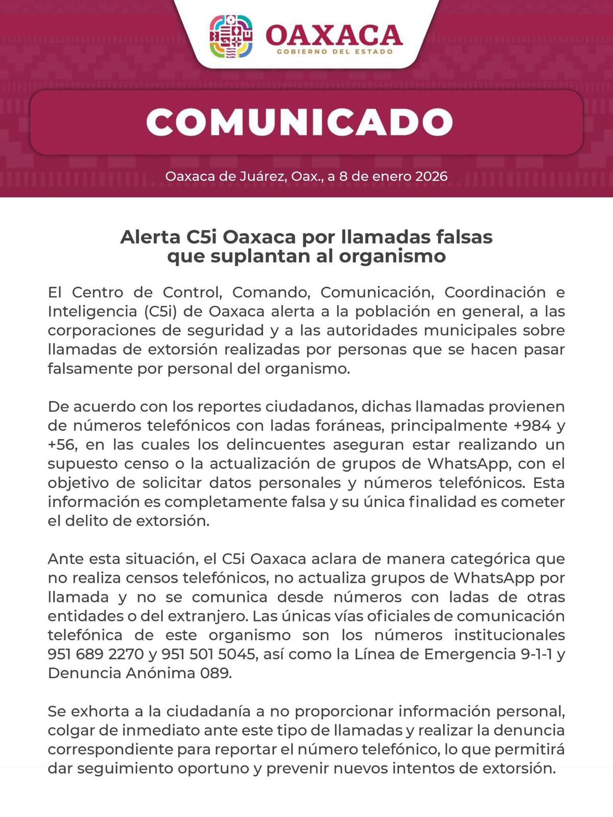 Alerta C5i Oaxaca por llamadas falsas que suplantan al organismo