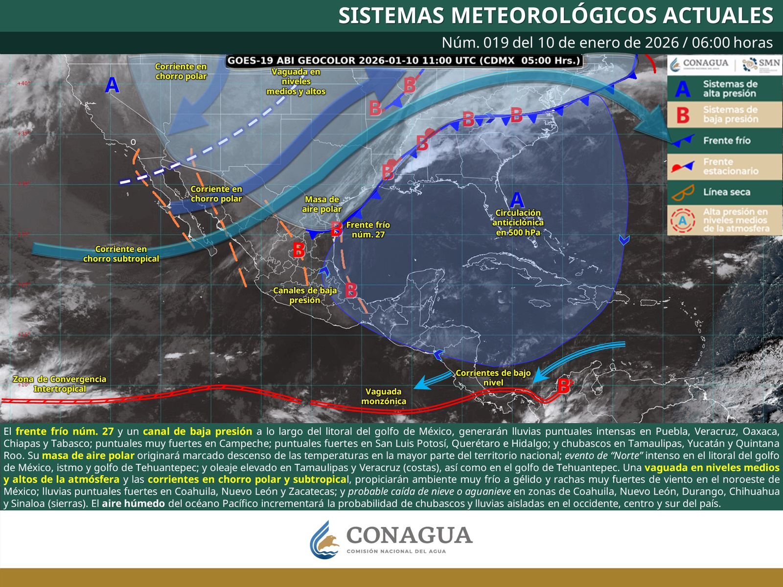 Frente frío número 27 dejará lluvias fuertes, evento de norte y ambiente fresco
