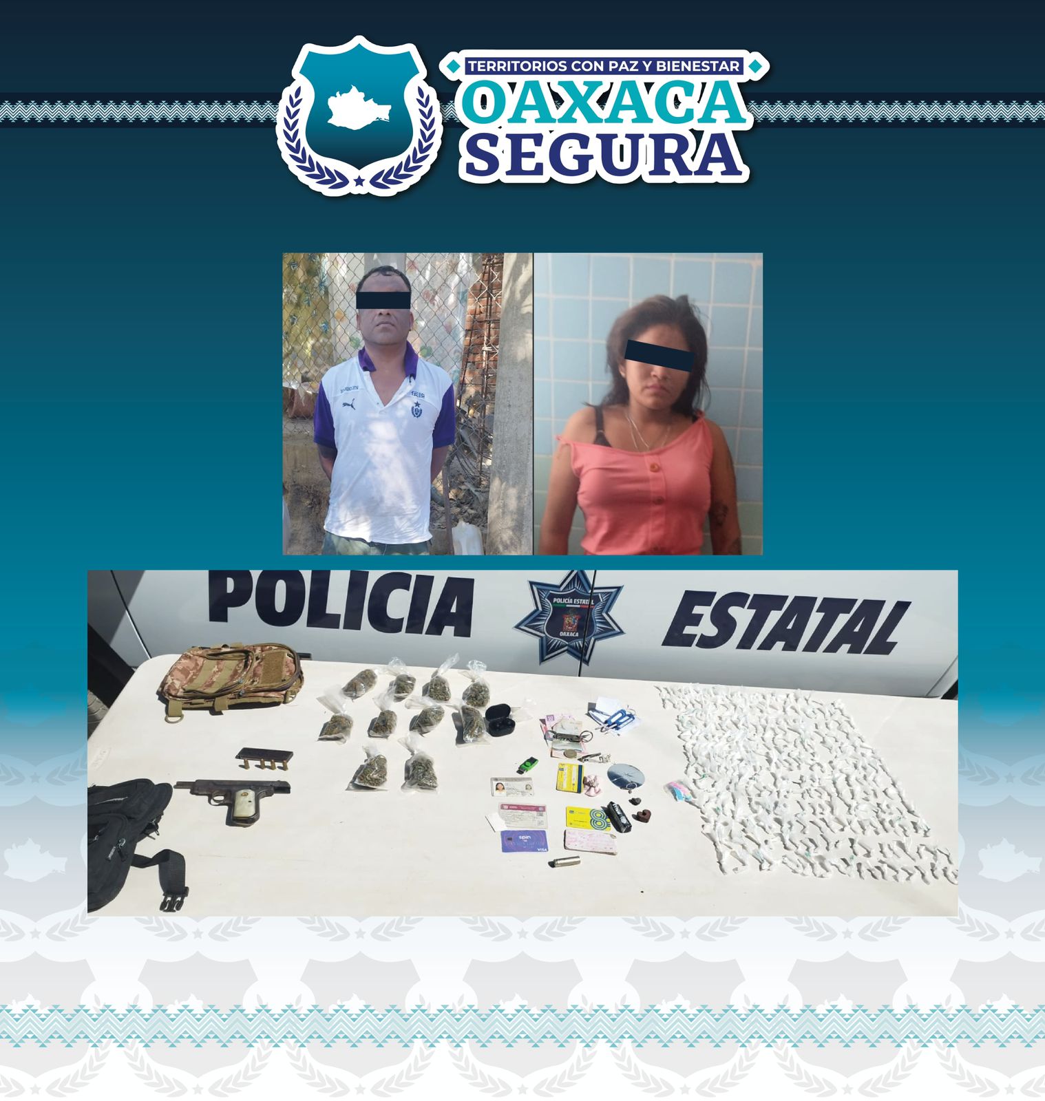 Detiene SSPC a 2 personas con más de 300 dosis de presuntas drogas, un arma de fuego y municiones en Santiago Jamiltepec