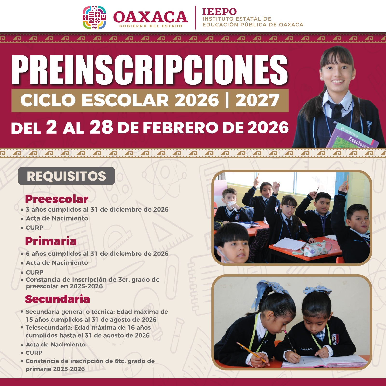 Preinscripciones de educación básica para ciclo escolar 2026-2027 serán del 2 al 28 de febrero: IEEPO