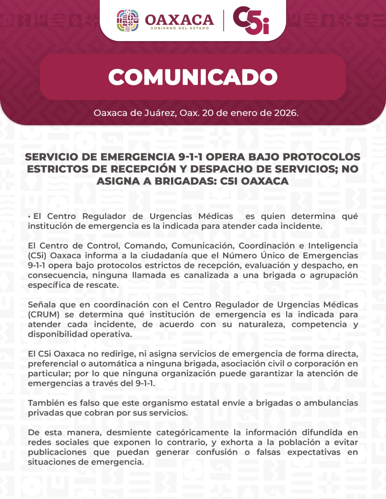 Servicio de Emergencia 9-1-1 opera bajo protocolos estrictos de recepción y despacho de servicios; no asigna a brigadas: C5i Oaxaca