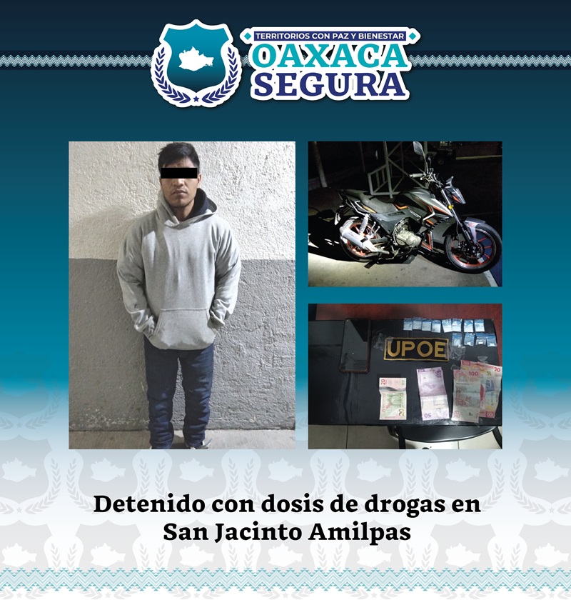 Detiene SSPC a masculino por delito contra la salud en San Jacinto Amilpas