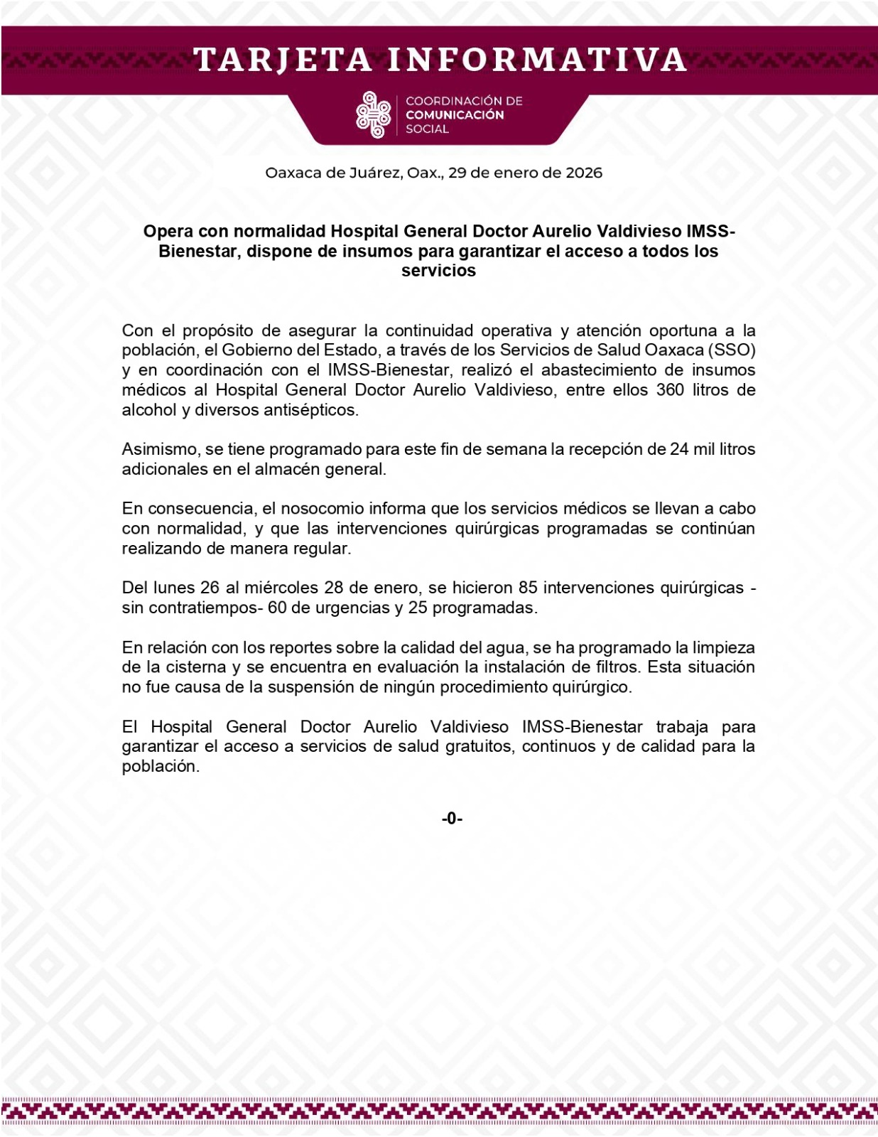 Opera con normalidad Hospital General Doctor Aurelio Valdivieso IMSS-Bienestar, dispone de insumos para garantizar el acceso a todos los servicios