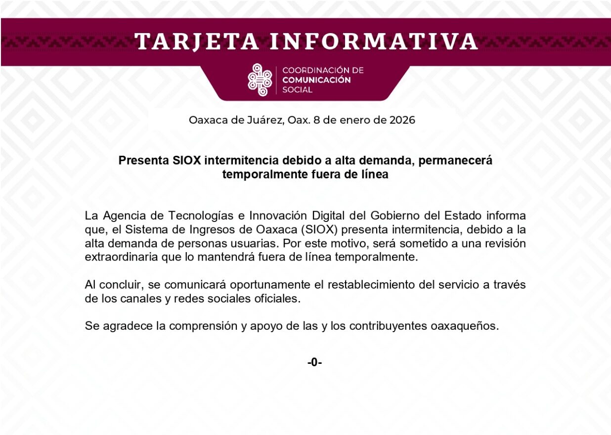 Presenta SIOX intermitencia debido a alta demanda, permanecerá temporalmente fuera de línea
