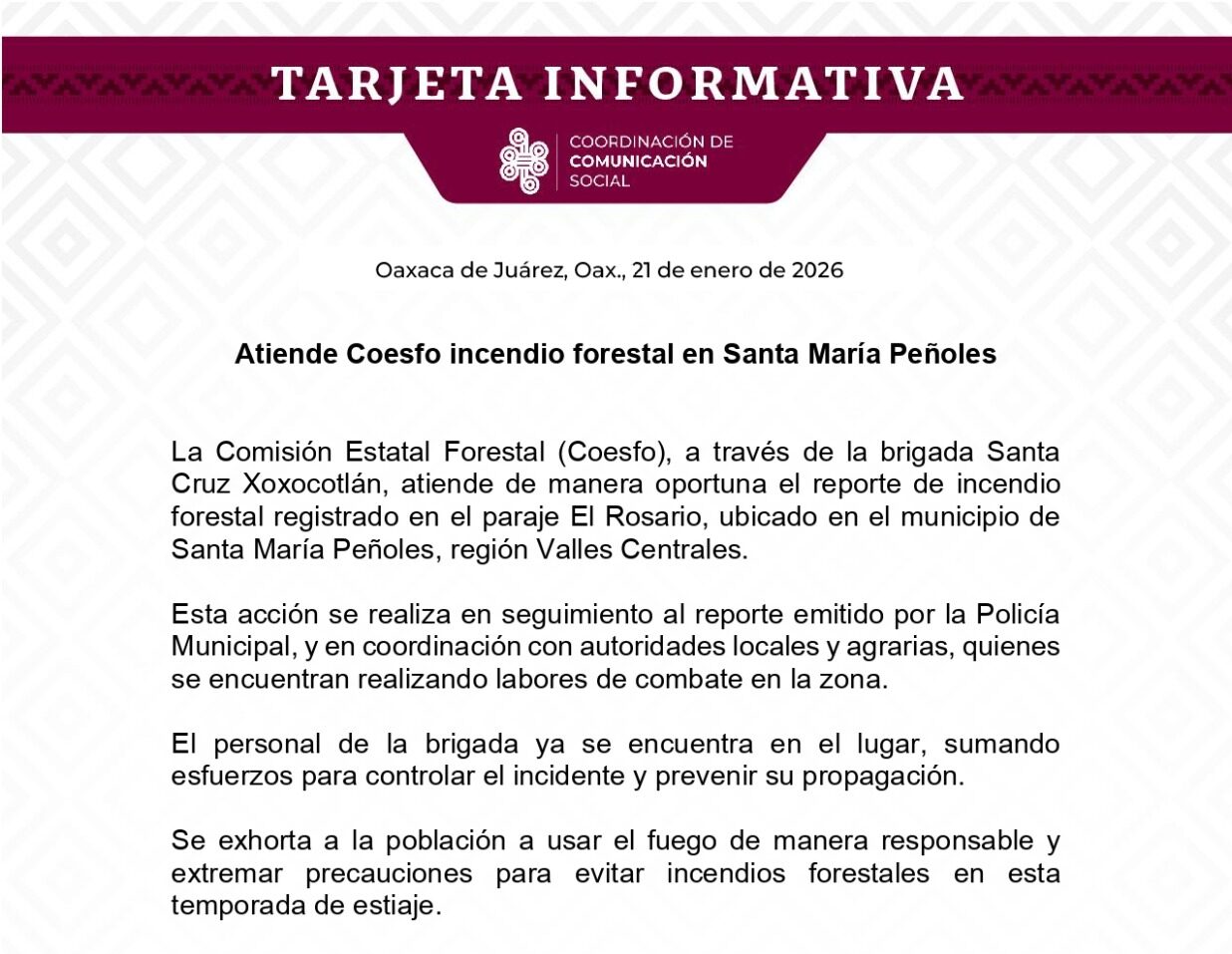 Atiende Coesfo incendio forestal en Santa María Peñoles