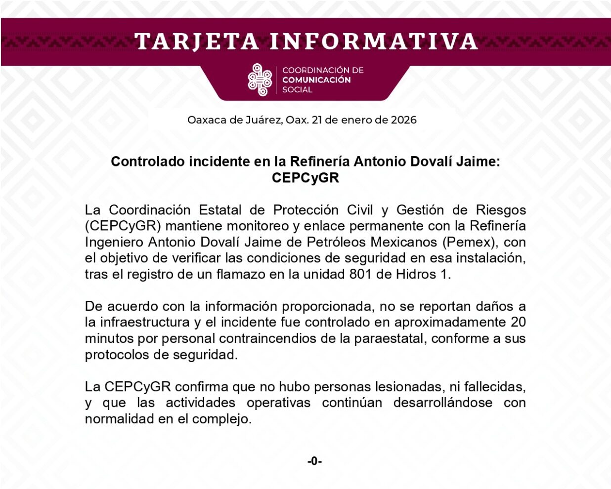 Controlado incidente en la Refinería Antonio Dovalí Jaime: CEPCyGR