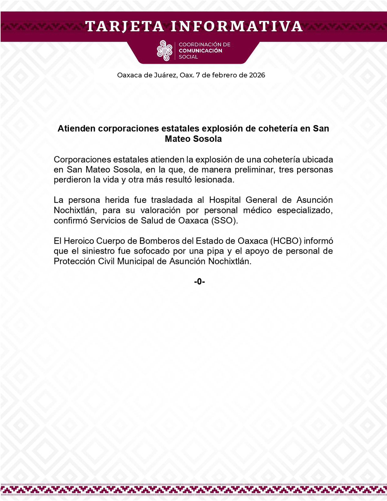 Atienden corporaciones estatales explosión de cohetería en San Mateo Sosola