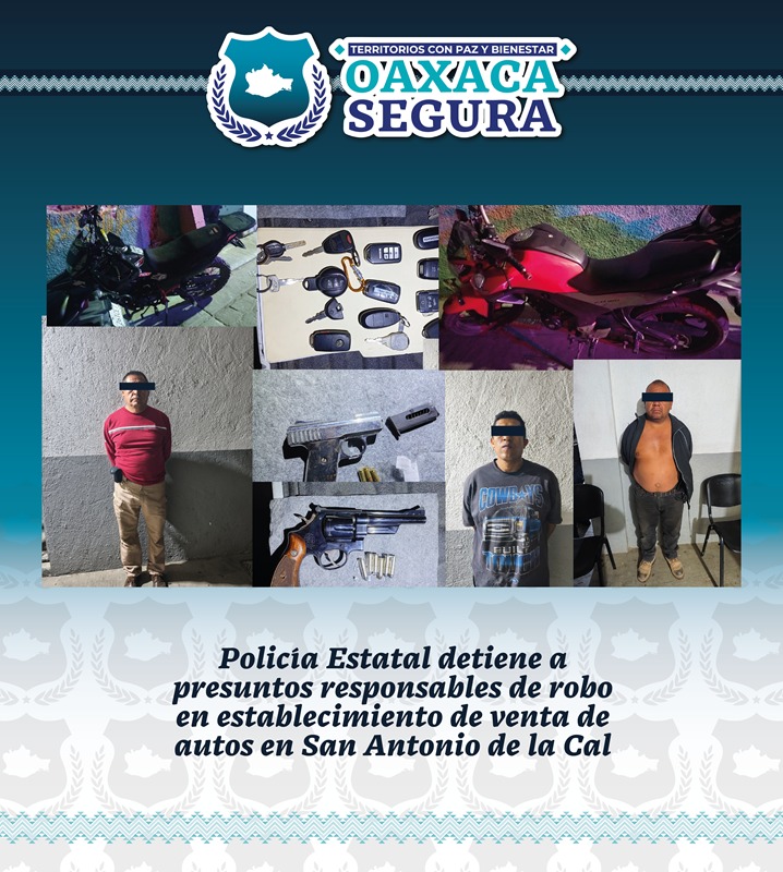 Tras reporte del C5i, Policía Estatal detiene a tres presuntos responsables de robo en establecimiento de autos seminuevos en San Antonio de la Cal