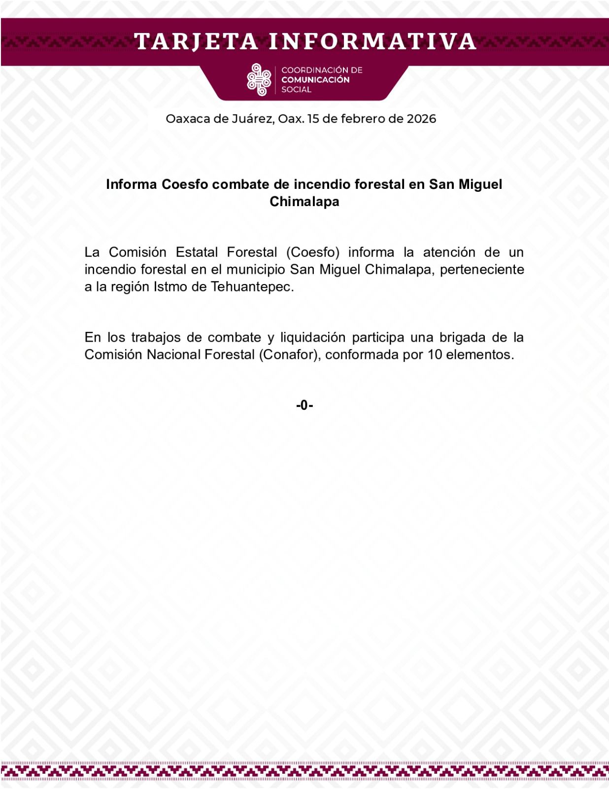 Informa Coesfo combate de incendio forestal en San Miguel Chimalapa