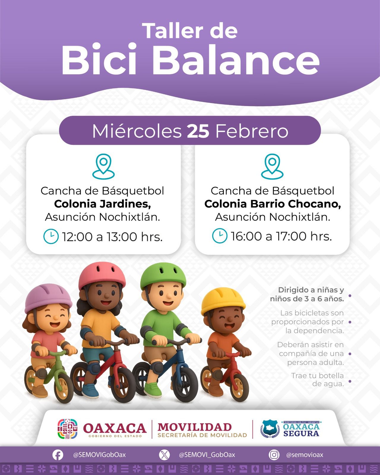 Invita Semovi a la niñez de Asunción Nochixtlán a los talleres de Bici Balance