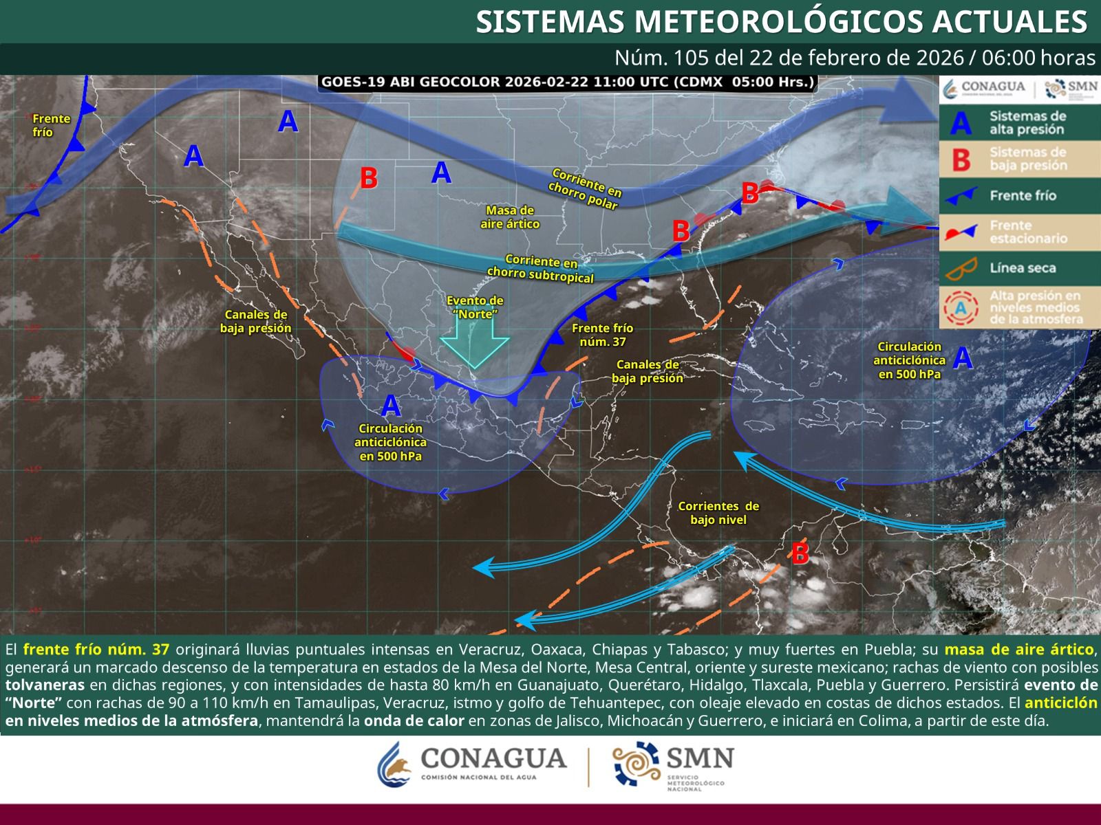 Frente frío número 37 provocará lluvias, descenso de temperatura y evento de norte en Oaxaca