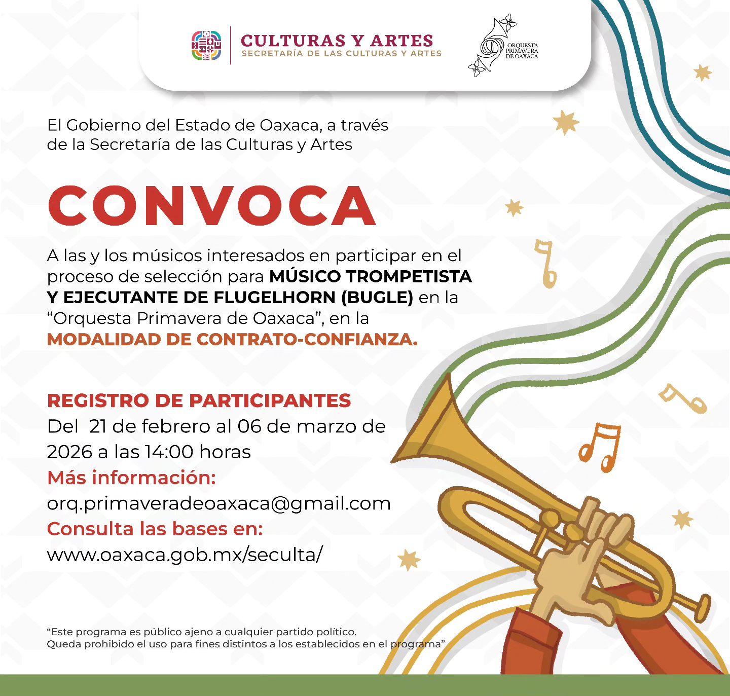Emite Seculta convocatoria para ocupar plaza en la Orquesta Primavera de Oaxaca
